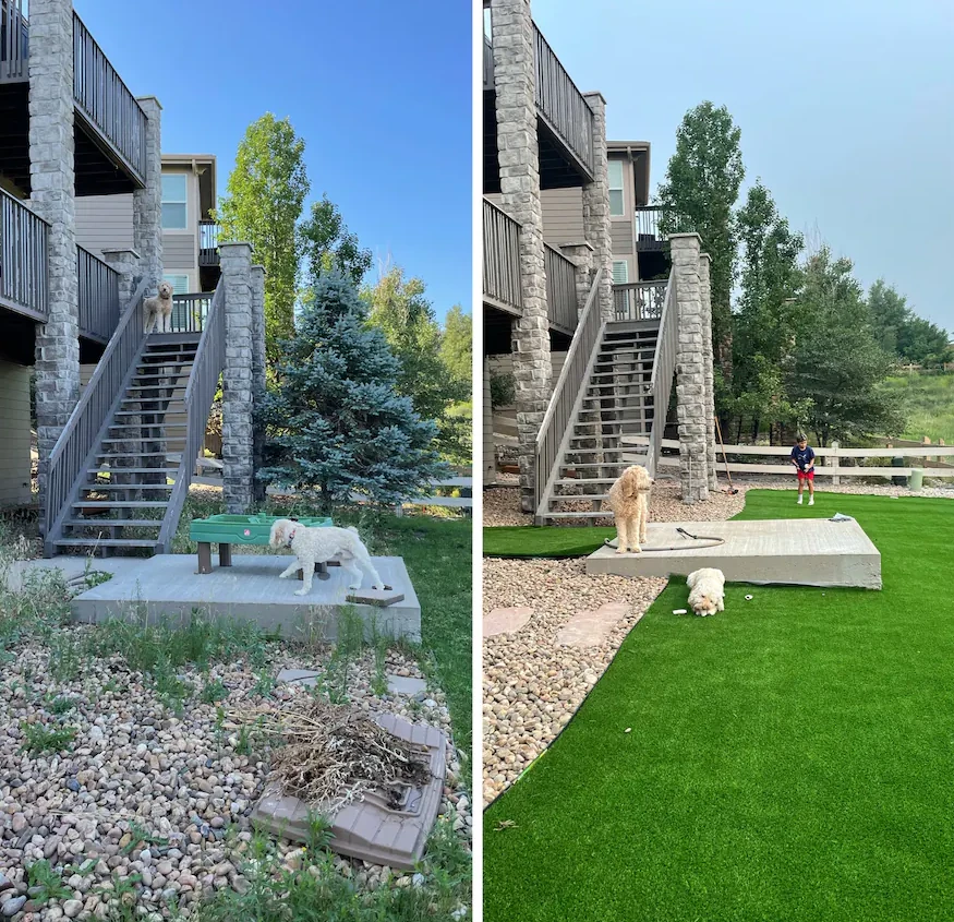 Before and after of Minh having fixed steps and adding turf.